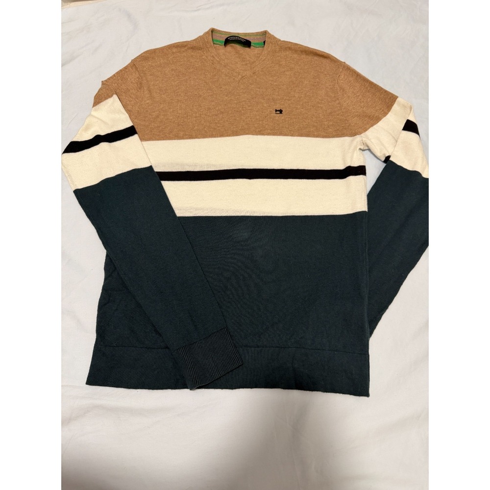 Scotch & Soda V-Neck Color Block Sweater Men Medium Tan Green AS IS